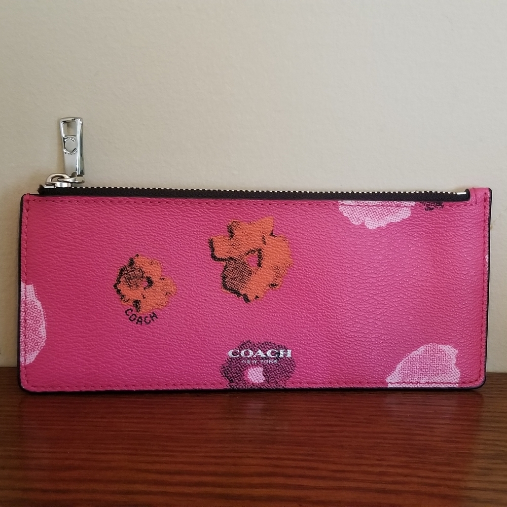 Coach Hot Pink Floral Poppy Slim Zip Wallet